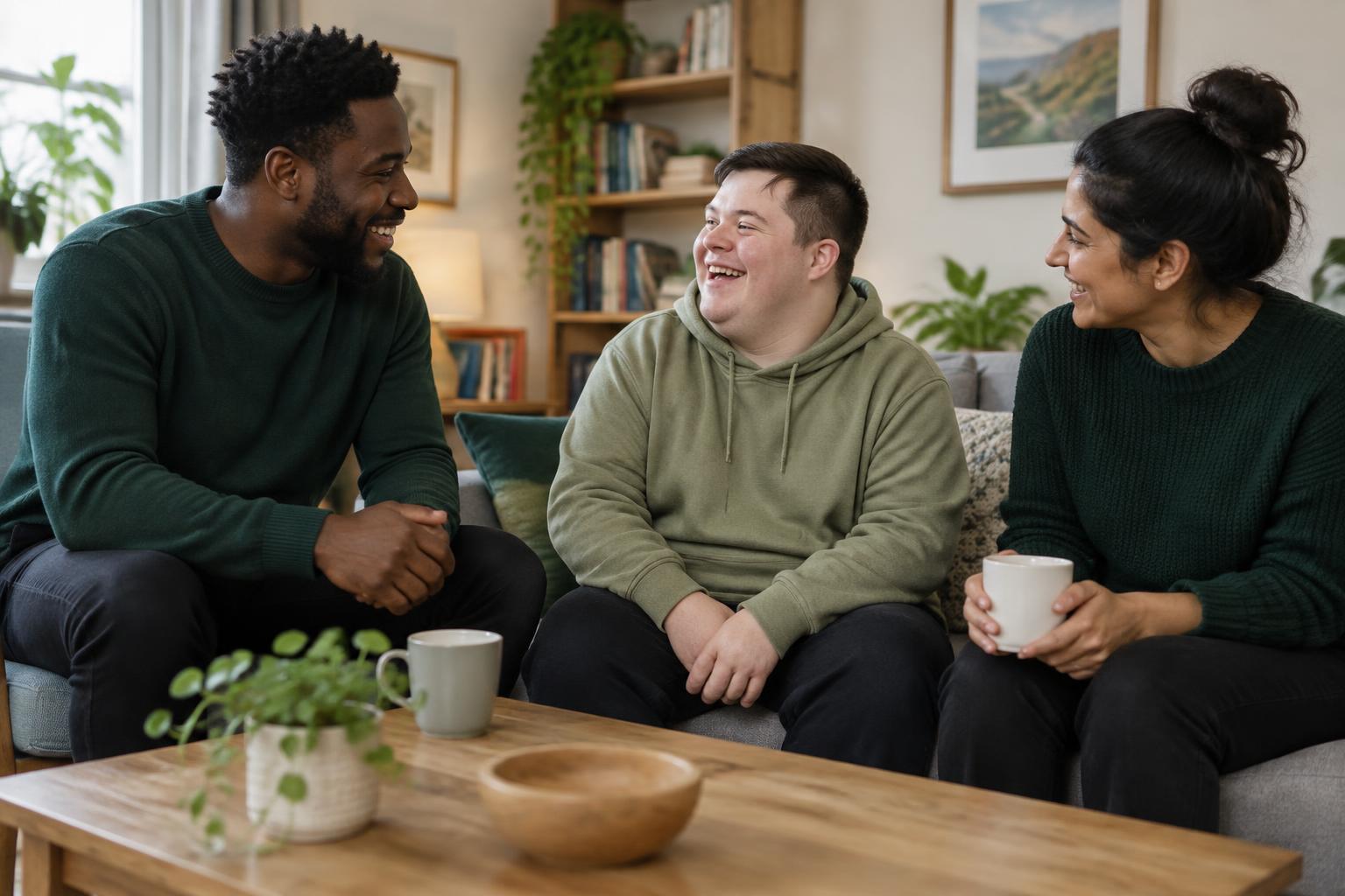 Care professionals and a supported-living resident talking together