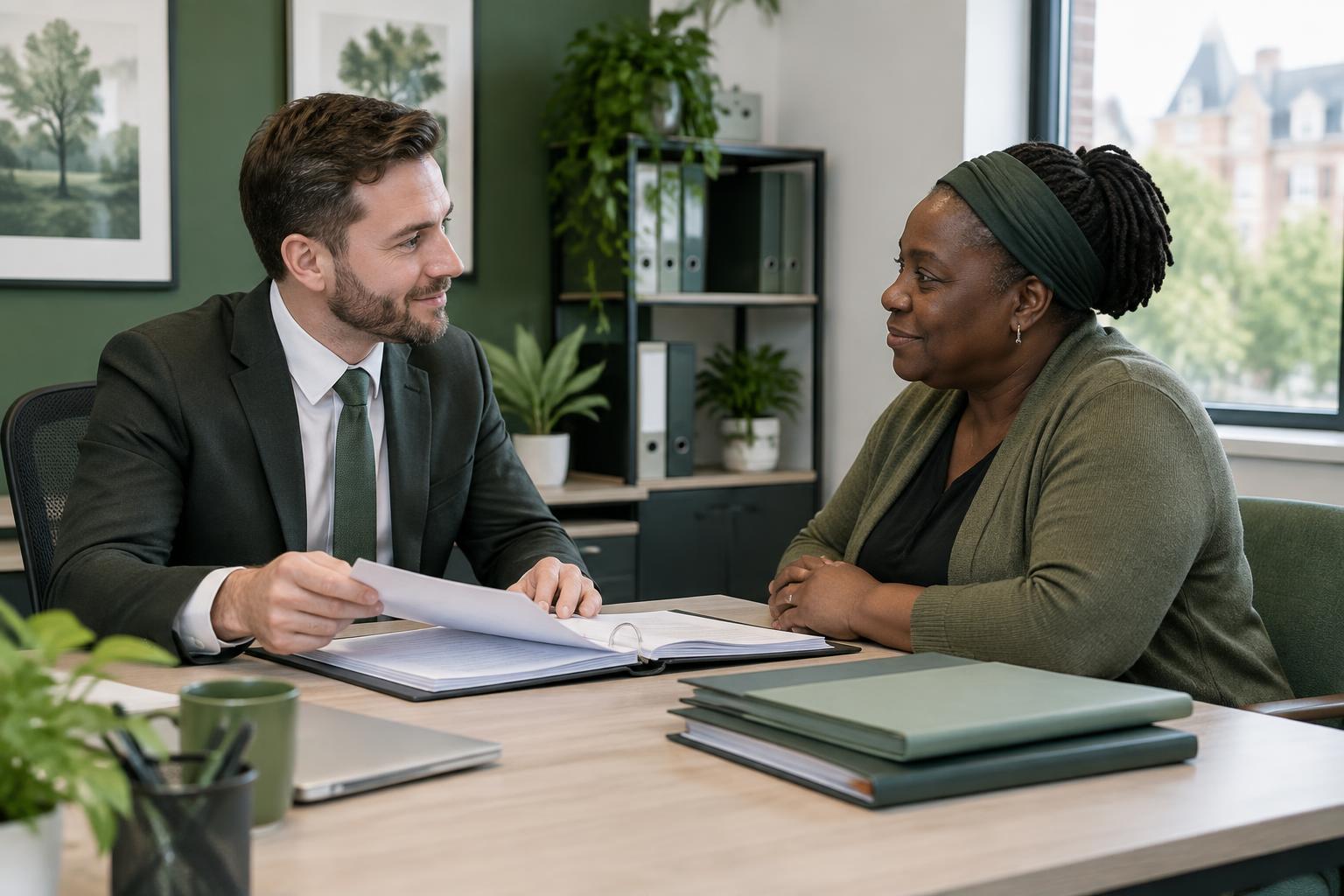 A recruiter and care professional reviewing a compliance file